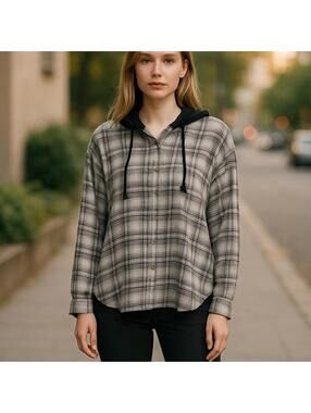 American Eagle Plaid Hooded Button Up Shirt Grey Long Sleeve Flannel M